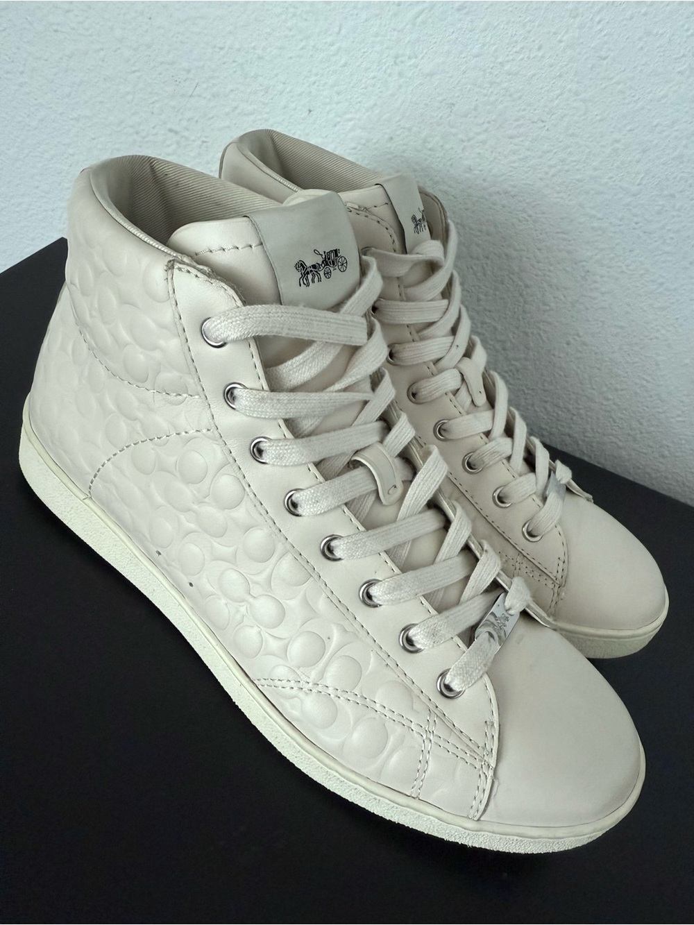 Coach Signature Monogram Cream Leather 
Hightop Shoes Lace Up Sneakers